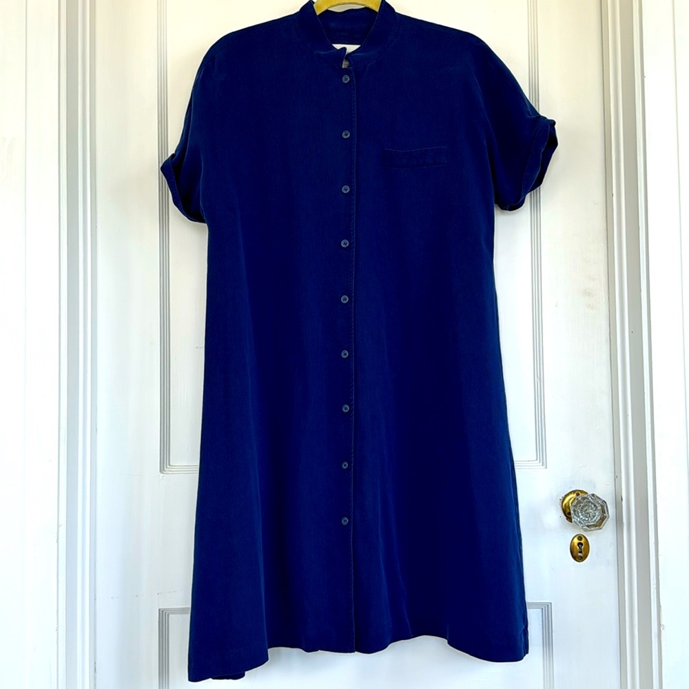 Vintage silk shirt dress, SZ 10, 37.5" total length. Jewel-toned blue/purple